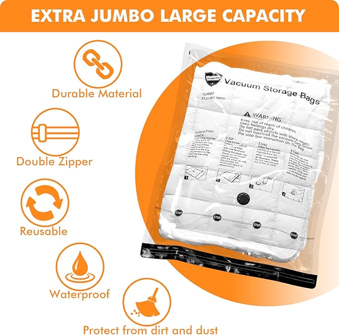 Vacuum Storage Bags (5 x Jumbo, 5 x Large), Space Saver Sealer Compression Bags with Travel Hand Pump for Blankets, Comforters, Pillows, Clothes Storage