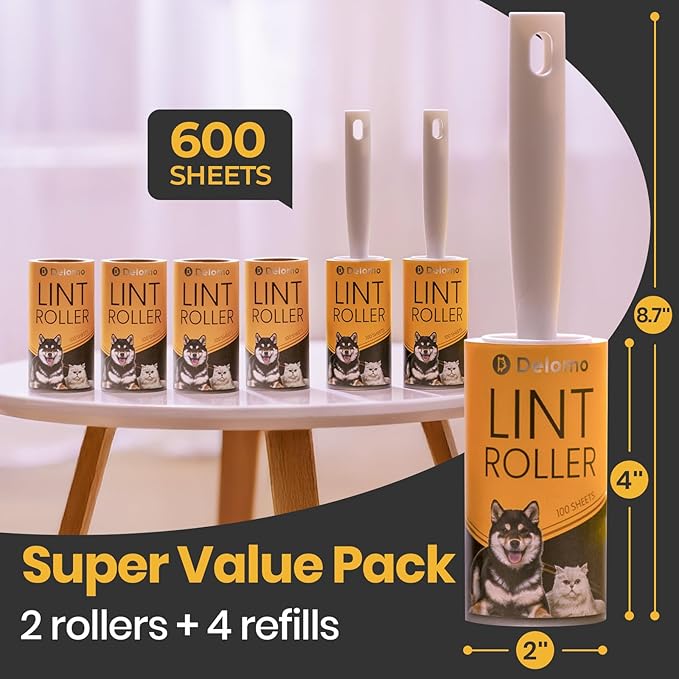 DELOMO Lint Roller 600 Sheets (2 Rollers + 4 Refills) - Lint Rollers for Pet Hair Extra Sticky, Mega Value Pet Hair Removal Tool for Clothes/Couch/Furniture/Car - Ideal for Pet Owners