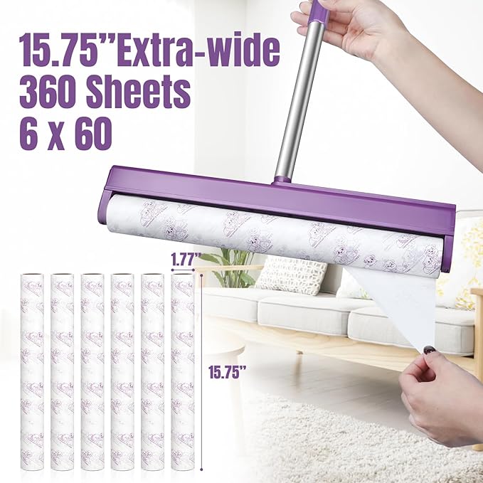 Large Lint Rollers for Carpet, Sticky Rollers for Floor RLOW 15.75 in with 3 Extra Sticky,Long Handle Sticky Mop for Cleaning Carpets, Pet Hair, Cars, Clothing