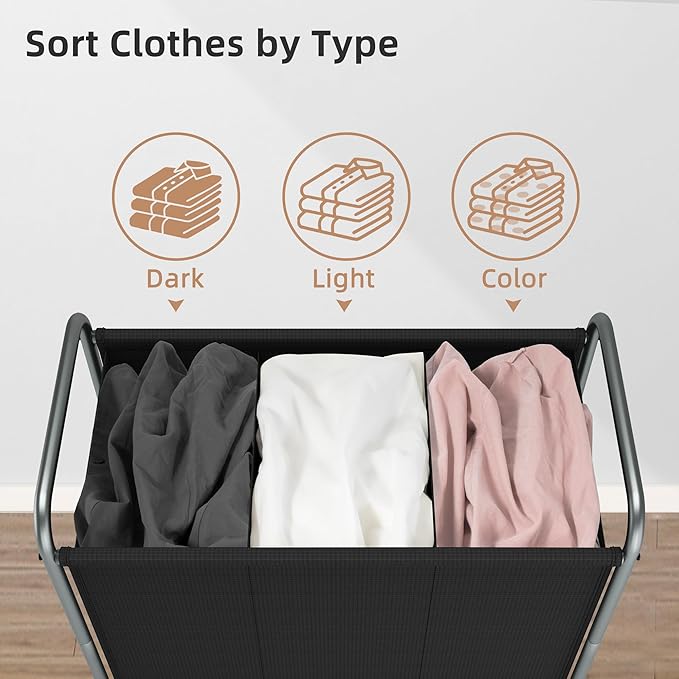 STORAGE MANIAC Rolling Laundry Hamper, 165L Laundry Basket with Lockable Wheels, Triple Clothes Sorter Cart, 3 Bag Clothes Separator Hamper for Closet, Bathroom, Laundrys Room, 3 Section Black
