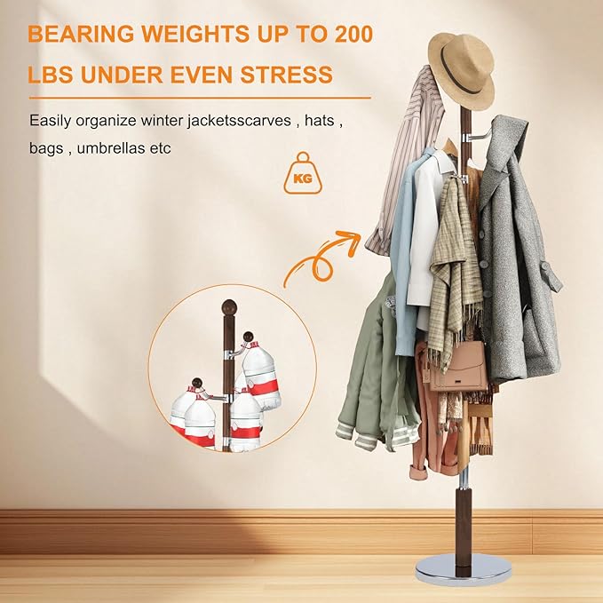 Wooden Coat Rack Stand, 72" Birch Coat Rack Freestanding, Adjustable Height, Coat Tree for Home Bedroom Office Hallway Entryway (Swivel hook brown)