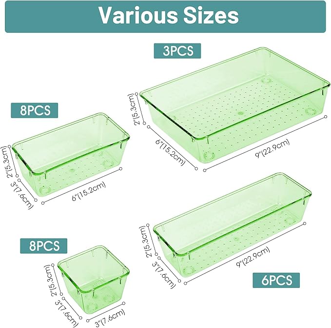 WOWBOX 25 PCS Plastic Drawer Organizer Set, 4 Sizes Desk Drawer Divider Organizers and Storage Bins for Makeup, Jewelry, Gadgets for Kitchen, Bedroom, Bathroom, Office, Clear Green