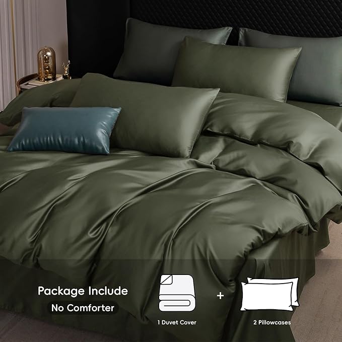 MooMee Duvet Cover Set 100% Extra Long Staple Cotton 600 Thread Count Silky Sateen Smooth Luxury Soft Breathable Durable Hotel Quality Bedding, 3 Pieces (Olive Green, King 104"x90")