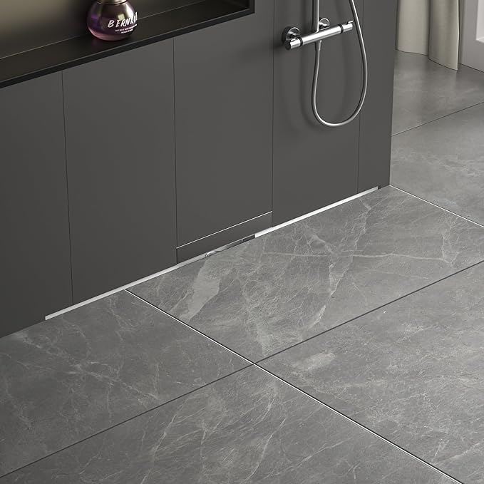 Linear Wall Drain 42’’, 304 Stainless Steel Side Drain w/Tiled Grate & Hair Strainer, Brushed Tiled Shower Drain for Bathroom, CUPC Certified