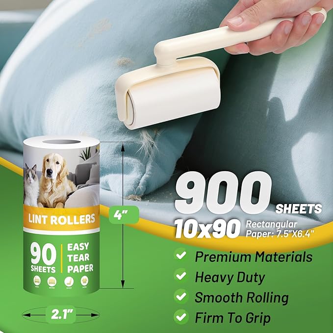 Lint Roller 2-in-1 Rotatable Handle Pet Hair Remover for Laundry Dog Hair, Cat Hair, Animal Fur, Fuzz Extra Sticky Roller for Couch, Clothes, Furniture and Carpet (10 Pack)