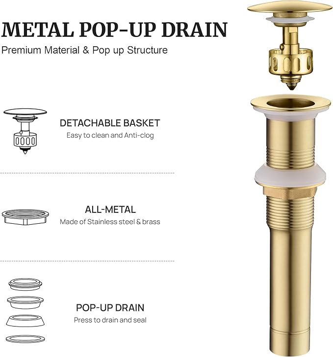 Pop up Sink Drain Stopper Without Overflow Brushed Gold for Bathroom Vessel Vanity Sink Art Basin, Big Cap Sink Drain Without Overflow, Metal Pop-up Drain Strainer with Detachable Basket Stopper