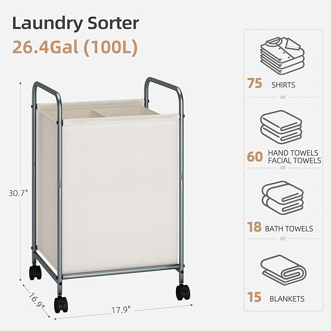 STORAGE MANIAC Rolling Laundry Hamper, 100L Laundry Basket with Lockable Wheels, Double Clothes Sorter Cart, 2 Bag Clothes Separator Hamper for Closet, Bathroom, Laundrys Room, 2 Section Beige