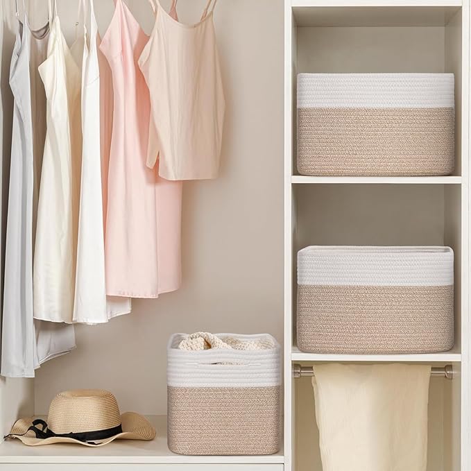 Woven Storage Baskets, Baskets for Organizing, 3 Pack Woven Basket for Storage, Decorative Storage Bins Baskets for Shelves, Towel, Toy, Book, Closet, Baby 14.96"×9.8"×8.85"