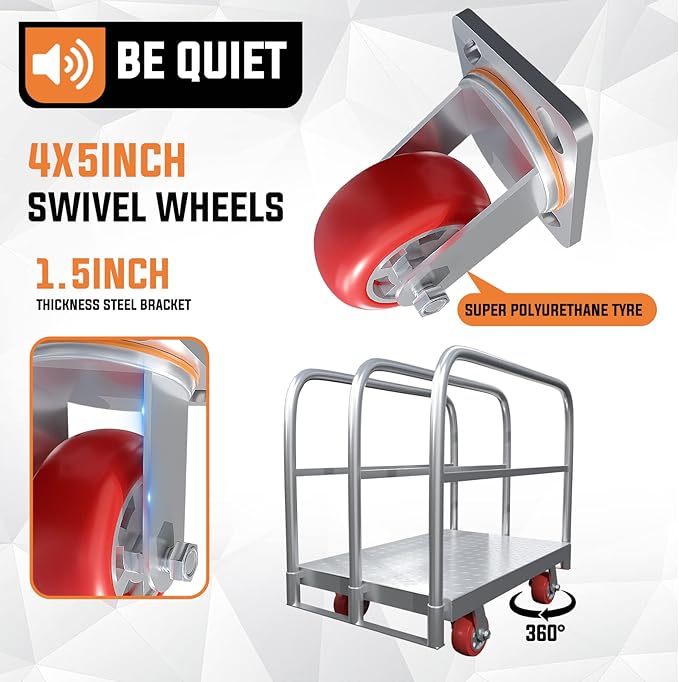 Steel Panel Truck Cart, Platform Truck, Heavy Duty Lumber Drywall Dolly, Flatbed with 2500 lbs Capacity and 4 Swivel Casters, 36x24inch Steel Board with 3 Side Handrails