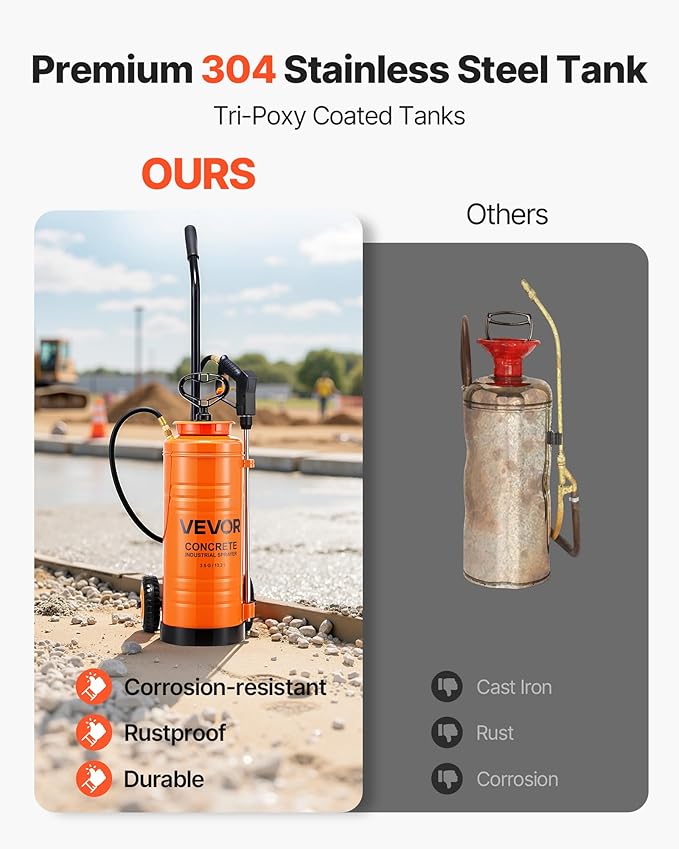 VEVOR Industrial Concrete Sprayer with Wheeled Cart, 3.5 Gallon Stainless Steel Sprayer, Heavy Duty Tri-Poxy Pump Sprayers, 20.5"Wand, 48" & 120"Hoses, 2 Brass Nozzles for Construction, Lawn & Garden