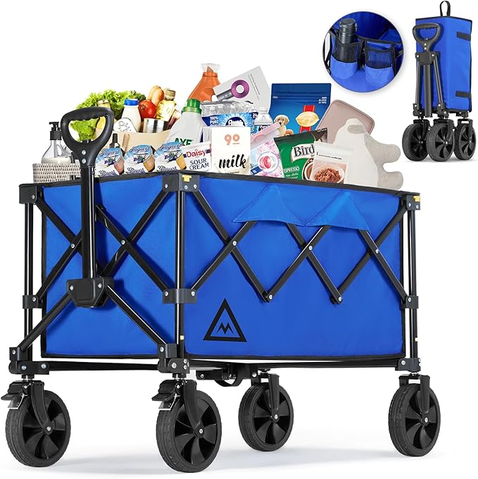 Wagon Cart Shopping Foldable Folding Collapsible with Wheels Big On Beach Garden Outdoor Grocery Heavy Duty Utility All Terrain Portable Wagons Carts for Groceries Sand Camping Sports Blue