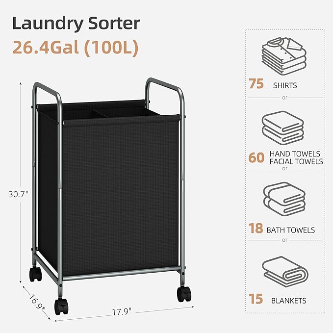 STORAGE MANIAC Rolling Laundry Hamper, 100L Laundry Basket with Lockable Wheels, Double Clothes Sorter Cart, 2 Bag Clothes Separator Hamper for Closet, Bathroom, Laundrys Room, 2 Section Black