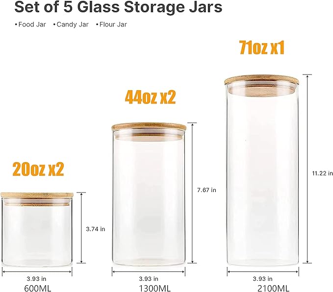 YUNCANG Glass Storage Jars [Set of 5],Clear Glass Food Storage Containers with Airtight Bamboo Lid Stackable Kitchen Canisters for Candy,Cookie,Rice,Sugar,Flour,Pasta,Nuts and Spice Jars