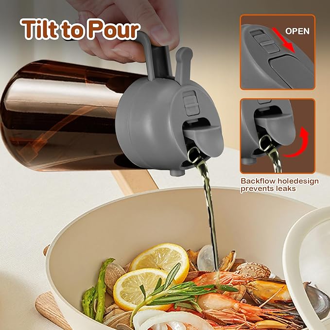 YARRAMATE 16oz/470ml Dark Brown Oil Sprayer for Cooking with Stickers, Food-grade Premium 2 in 1 Olive Oil Dispenser Bottle for Kitchen Gadgets, Air Fryer, Salad, Frying, BBQ (Grey)