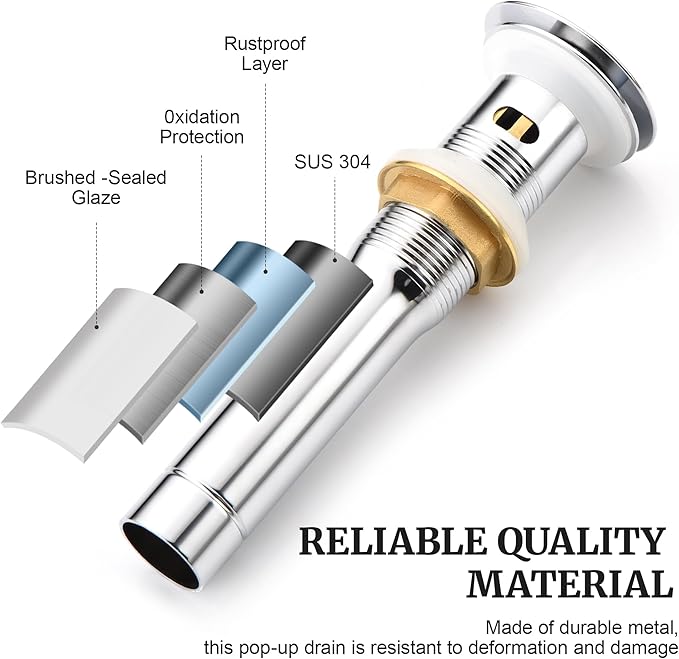 Pop up Sink Drain Stopper with Overflow Chrome for Bathroom Vessel Vanity Sink Art Basin, Big Cap Sink Drain with Overflow, Metal Pop-up Drain Strainer with Detachable Basket Stopper