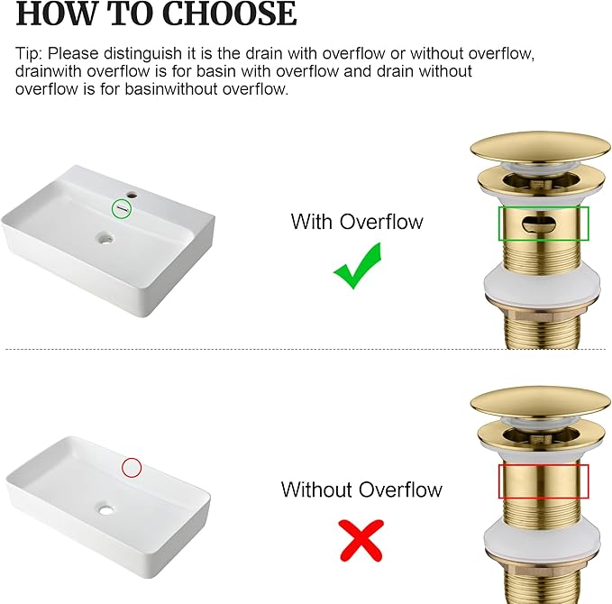 Pop up Sink Drain Stopper with Overflow Brushed Gold for Bathroom Vessel Vanity Sink Art Basin, Big Cap Sink Drain with Overflow, Metal Pop-up Drain Strainer with Detachable Basket Stopper