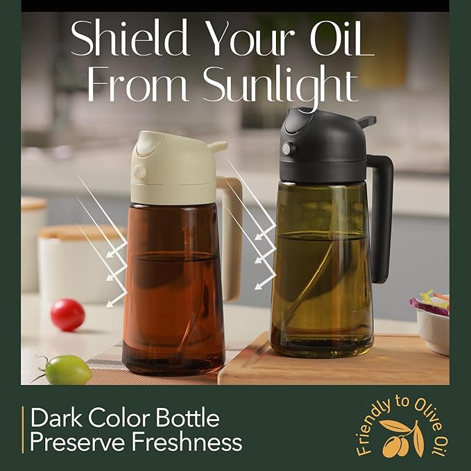 YARRAMATE 16oz/470ml Light Blocking Oil Sprayer for Cooking with Stickers, Food-Grade 2 in 1 Olive Oil Dispenser Bottle for Kitchen, Premium Dark Amber Glass Oil Bottle for Air Fryer, BBQ (Pomelo)