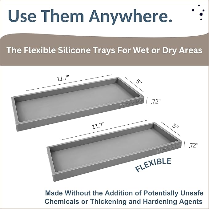 Countertop and Vanity Tray - 2 PC Large 11.7" Silicone Bathroom Trays, Counter Organizer, Dish Soap Sponge Holder Kitchen Sink Tray Organizer, Sink Caddy Toothbrush Key Kitchen Soap Trays