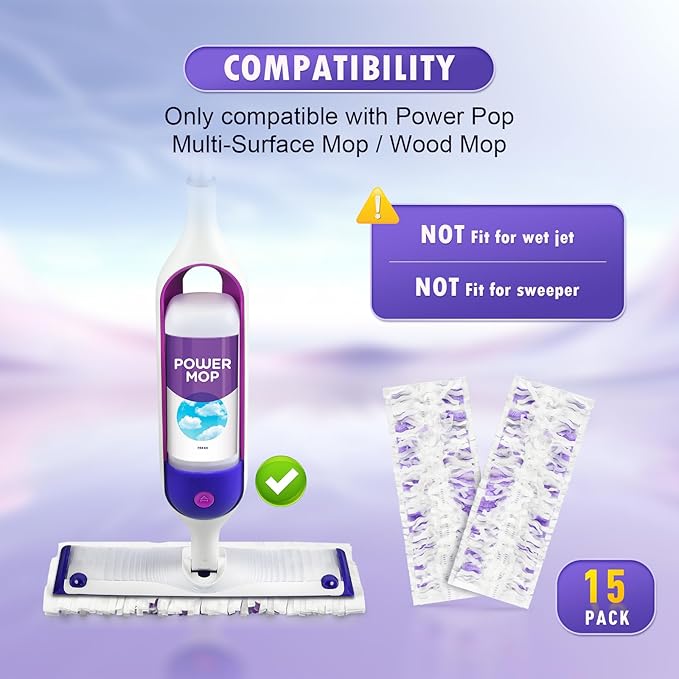 15 Count Disposable Power Mop Refills for PowerMop Multi-Surface Mop, Spray Cleaning Repalcement Pads
