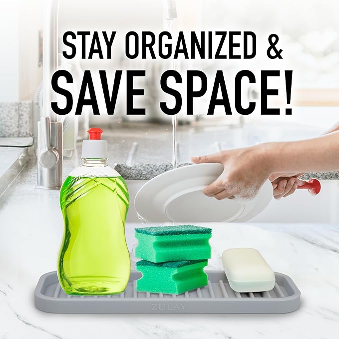 Zulay Kitchen (9x3.5) Silicone Sponge Holder for Kitchen Sink - Flexible Multipurpose Soap Tray - Sink Organizer for Kitchen, Bathroom, Makeup, Trinkets & More (Grey)