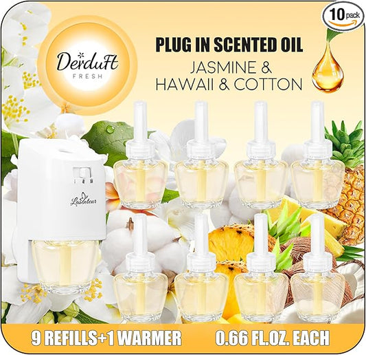 Plug in Air Freshener Starter Kit with Warmer – 9 Scented Oil Refills + 1 Diffuser in Jasmine, Hawaiian, Cotton, 5.94 Fl Oz, Compatible with Air Wick & Glade, Not Include Glade Plus