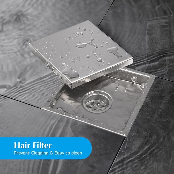 Square Shower Drain, Silver Shower Drain 6 inch with Flange and 2 in 1 Tile-Insert Cover, AISI 304 Stainless Steel Shower Floor Drain with Hair Catcher and Flange
