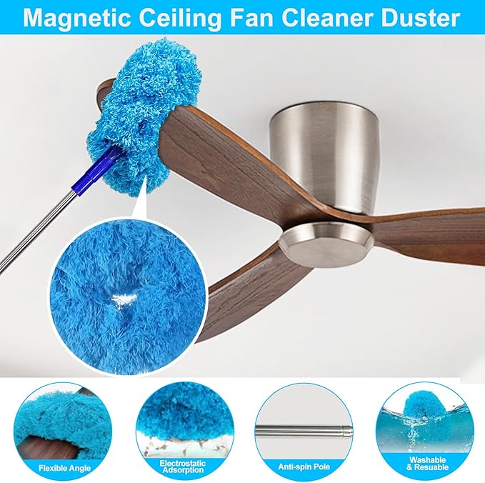 Ceiling Fan Cleaner Dusters for Cleaning 6-in-1 Kit, Cobweb Duster with Extension Pole, 100 Inches High Ceiling Fan Blade Cleaners with 5 Reuseable Dusting Heads for Windows and Blinds- Blue