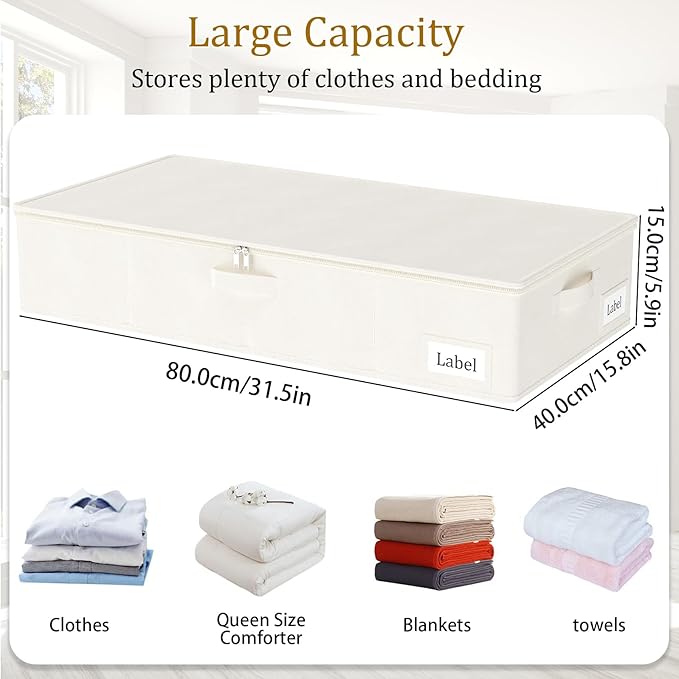 Yawinhe Foldable Underbed Storage Bags, Containers Bin with Lids, Large Under Bed Organizer Box, with Sturdy Zipper und Label Holders, for Clothing, 31.5''Lx15.7''Wx6''H, 2 Pack, Beige