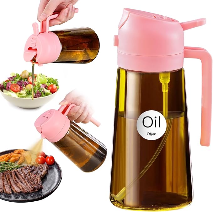 YARRAMATE 16oz/470ml Dark Brown Oil Sprayer for Cooking with Stickers, Food-grade Premium 2 in 1 Olive Oil Dispenser Bottle for Kitchen Gadgets, Air Fryer, Salad, Frying, BBQ (Pink)