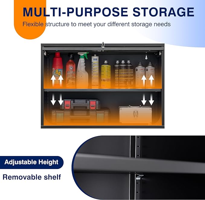 Yizosh Metal Garage Wall Cabinet with Doors and Shelves, Wall Mounted Metal Storage Cabinet, Floating Garage Tool Cabinet for Garage, Basement, Kitchen, Warehouse (Black, 21.6" H)