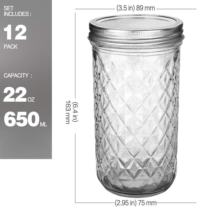VERONES Wide Mouth Mason Jars 22oz, 12 Pack 22 oz Wide Mouth Mason Jars with Lids and Bands, Ideal for Jam, Honey, Wedding Favors, Shower Favors