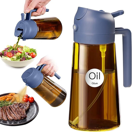 YARRAMATE 16oz/470ml Dark Brown Oil Sprayer for Cooking with Stickers, Food-grade Premium 2 in 1 Olive Oil Dispenser Bottle for Kitchen Gadgets, Air Fryer, Salad, Frying, BBQ (Navy)