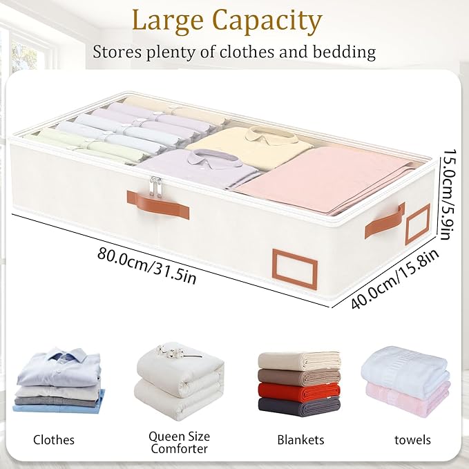 Yawinhe Under Bed Storage Containers, 4 Pack, Bin with Lids, Collapsible Closet Organizers, with Sorting Card Slot and 4 Leather Handles, for Blanket, Bedding, 31.5''Lx15.7''Wx6''H, Beige