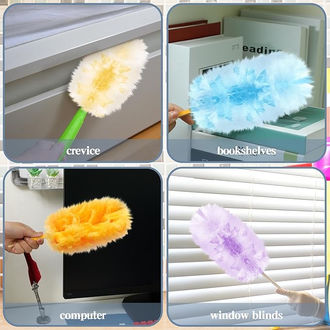 Vesici 150 Pcs Duster Refills Compatible with Swiffer Dusters Bulk Disposable Replacement Thickened with 1 Handle Heavy Duty for Cleaning, Office (Yellow,Blue,Orange,Purple)