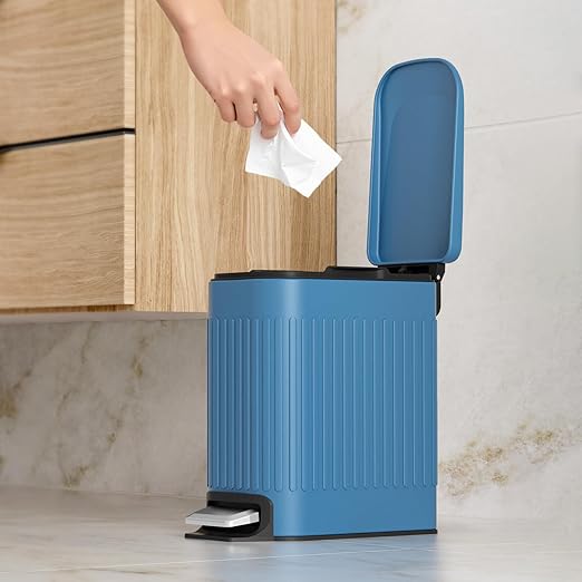TrashAid Slim Bathroom Trash Can with Lid Soft Close, 6 Liter/1.6 Gallon Stainless Steel Small Garbage Can with Removable Inner Bucket, Step Pedal, Slim Wastebasket for Toilet, Office, Bedroom, Blue