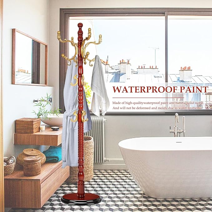 Wood Coat Rack Freestanding, Natural Coats Tree Stand with 14 Hooks, 73" Sturdy and Easy Assembly Coat Rack Stand for Entryway, Hallway, Bedroom, Bags, Hats (Heavy-duty Disc Base, Golden)