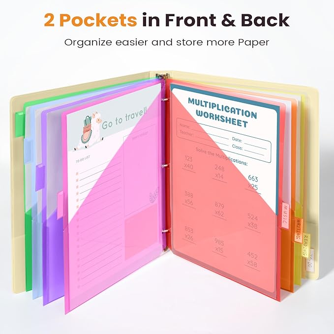 Sooez 96 Count Dividers with Pockets, 8 Tabs Binder Dividers for 3 Ring Binders, Binder Dividers with tabs, Binder Divider with Pockets for US Letter Size, Insertable Big Tabs, Multicolor, Set of 12