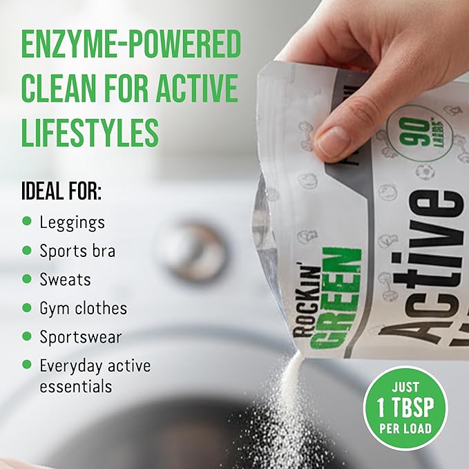 Rockin’ Green Active Wear Laundry Detergent - Unscented Laundry Detergent Powder & Odor Eliminator - Workout Clothes & Sportswear - Safe for Sensitive Skin - 90 Loads