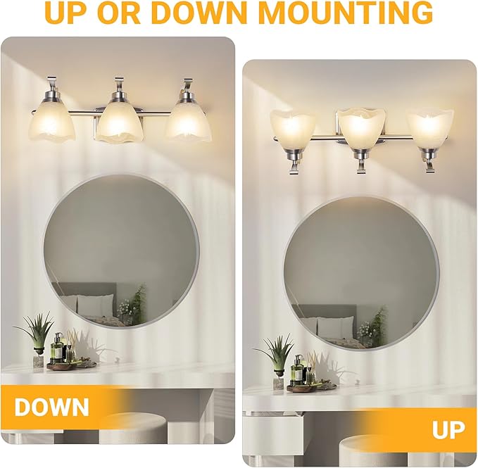WJShome 19.5" Bathroom Light Fixtures, 3-Light Vanity Lights with Frosted Glass Shades, Brushed Nickel Wall Sconces, for Mirror Bedroom Hallway Cabinet