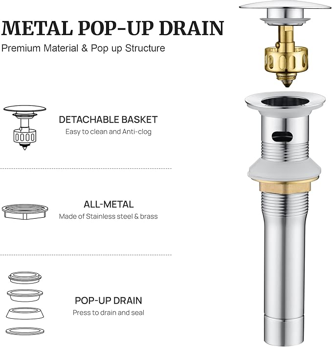 Pop up Sink Drain Stopper with Overflow Chrome for Bathroom Vessel Vanity Sink Art Basin, Big Cap Sink Drain with Overflow, Metal Pop-up Drain Strainer with Detachable Basket Stopper