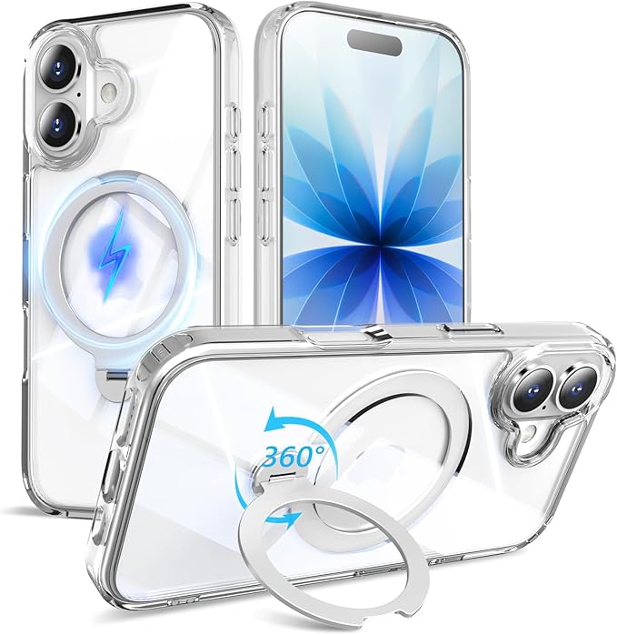 360° Spin Invisible Magnetic Stand for iPhone 17 Case [Military Grade Shockproof] [Compatible with MagSafe] Slim Translucent Matte Phone Case for iPhone 17 (6.3"), Clear