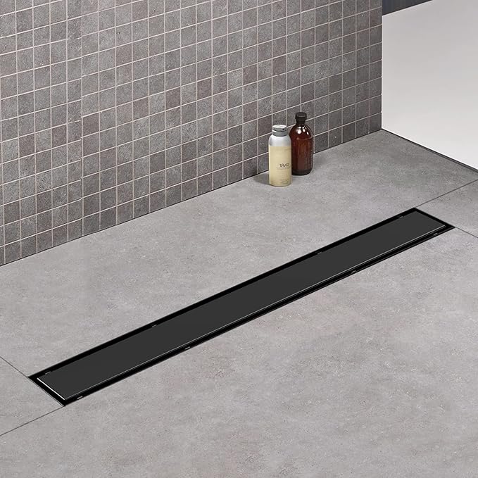 Linear Shower Drain, 32 inch Black Drain with Tile Insert 2-in-1 Panel, Brushed 304 Stainless Steel Shower Floor Drain, Linear Drain with Hair Strainer and Adjustable Feet