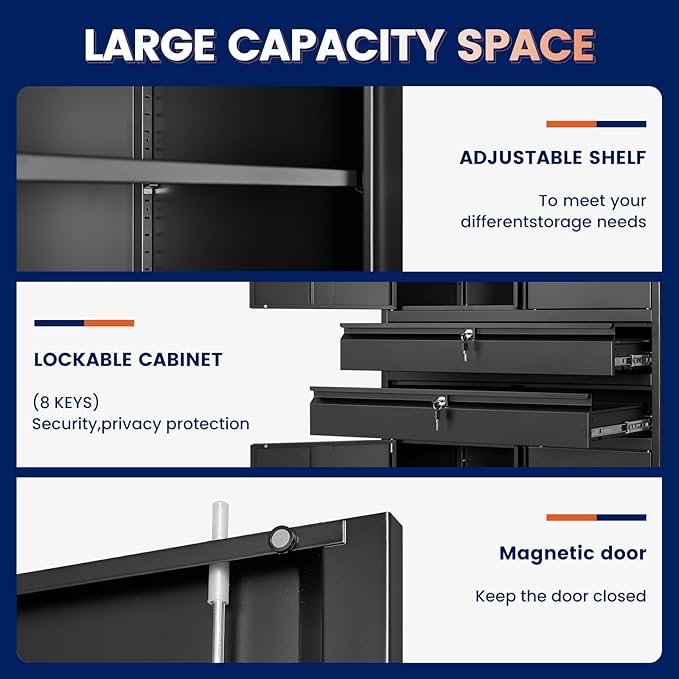Yizosh Metal Garage Storage Cabinet with Locking Doors and Adjustable Shelves, 71" Tool Storage Cabinet with 2 Drawer for Garage,Warehouse