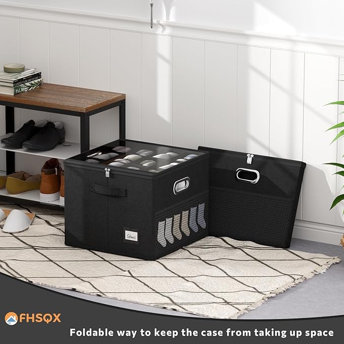 FHSQX Shoe Organizer for Closet,Fits 12 Pair,Shoe Storage Bins with Clear Cover & Adjustable Dividers for Shoes,Shoe Box Storage for Handbags,Blankets,Linen,Clothing