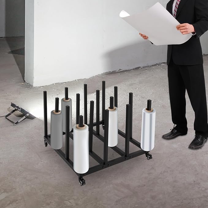 Vinyl Storage Rack | 16 Roll Heavy Duty Media R-oll Cart | Vinyl roll Holder Storage Rack | Round Core Mobile Storage Cart Rack | for Blueprint S-torage/Fabric Organization | Black