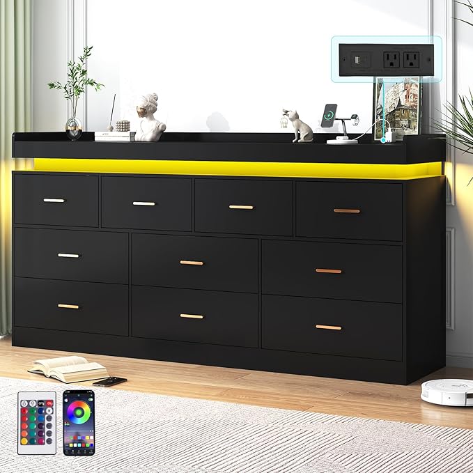 10 Drawer Dresser with Charging Station and LED Lights, Modern Chest of Drawers with Power Outlet, Organizer Cabinet for, Living Room, Entryway, Black