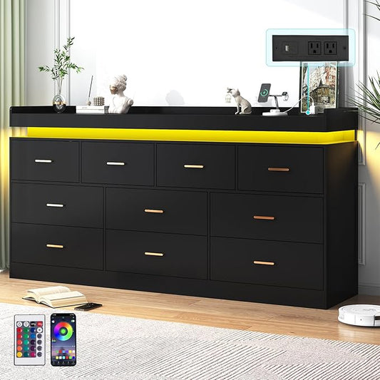 10 Drawer Dresser with Charging Station and LED Lights, Modern Chest of Drawers with Power Outlet, Organizer Cabinet for, Living Room, Entryway, Black