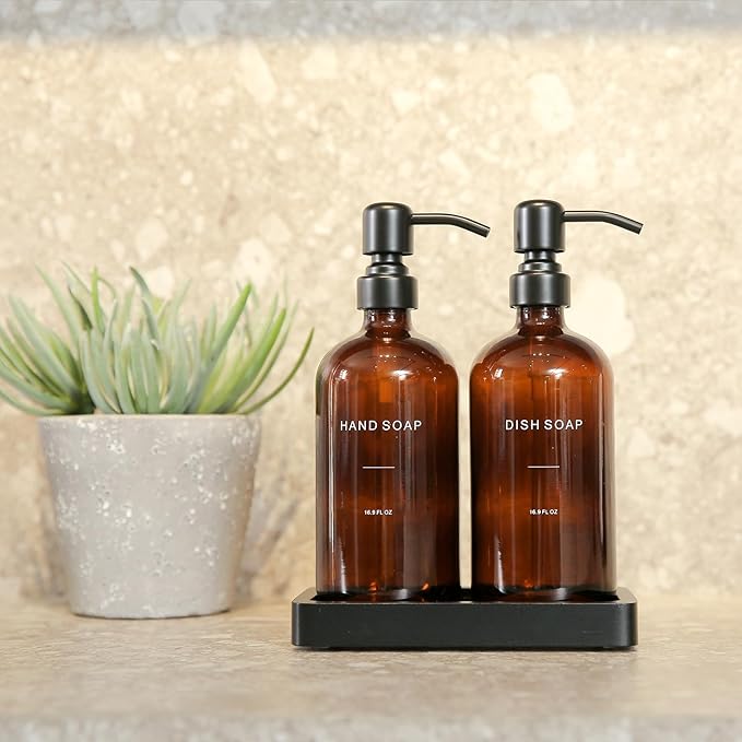 Amber Soap Dispenser Set, Soap Dispenser for Kitchen Sink with Black Stainless Steel Pump, Perfect for Kitchen Accessories Decor. (Amber)