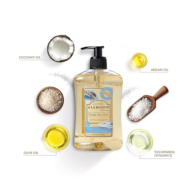 A LA MAISON de Provence Fresh Sea Salt Liquid Hand and Body Soap (Pack of 2) With Olive Oil, Coconut Oil and Vitamin E, 16.9 fl oz Each