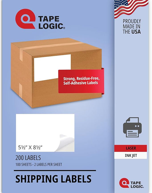 Tape Logic Laser Labels Rectangle 8 1/2" x 5 1/2" White (200-pk) Self-Adhesive All Purpose Blank Sticker Label Half Sheet Printable Office & Personal Supplies for Address, Shipping & Mailing